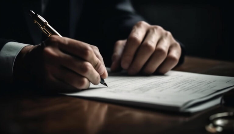 mpresário assinando documentos ao registrar patente no Brasil