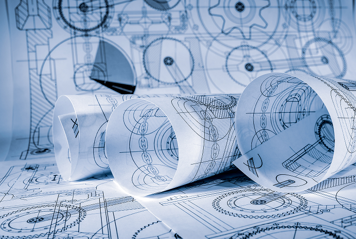 Desenhos técnicos de engenharia representando projetos industriais passíveis de proteção por patente ou registro de desenho industrial.