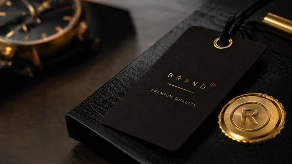 Tag de marca preta com o logotipo “BRAND” e “PREMIUM QUALITY” em destaque sobre uma caixa de textura semelhante a couro, com detalhe dourado ao lado.