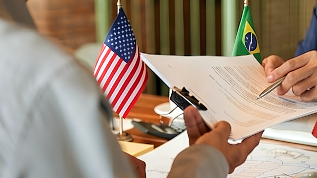 Duas pessoas revisando um documento em uma prancheta, com bandeiras americanas e brasileiras sobre uma mesa entre elas.